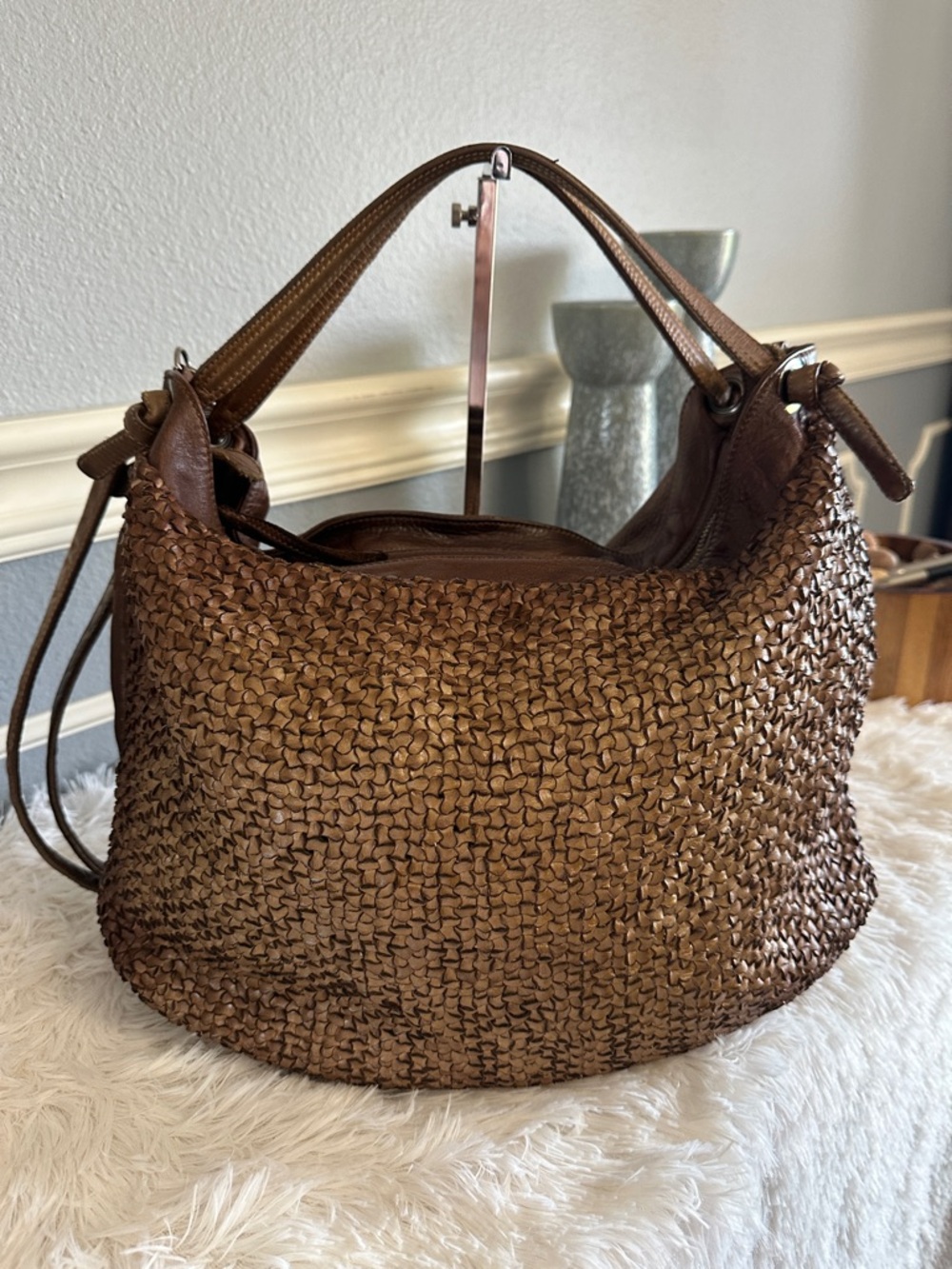 Brown Woven Leather Shoulder Bag with crossbody option.